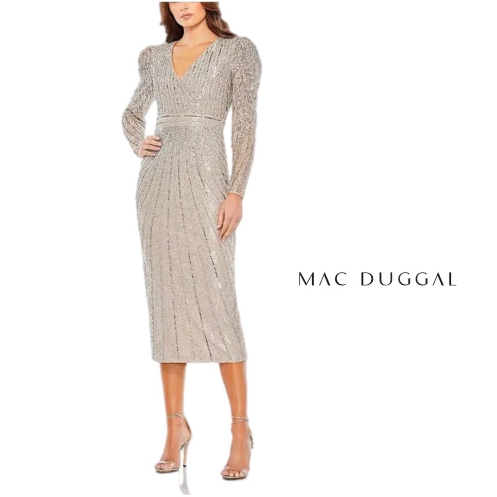 NEW Mac Duggal Beaded Lace Long Sleeve Dress